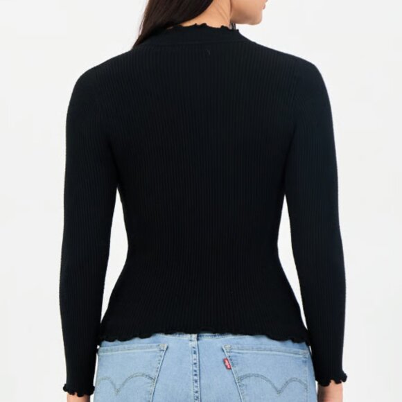 NWOT Black Women's Ruffle Collar Ribbed Fitted Sweater Turtleneck Top - Picture 3 of 7